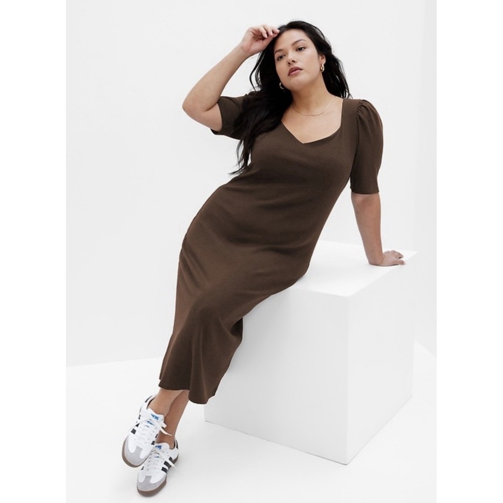 GAP Retro Bombshell Sweetheart Neck Midi Knit Dress Ginger Ribbed Brown Size L